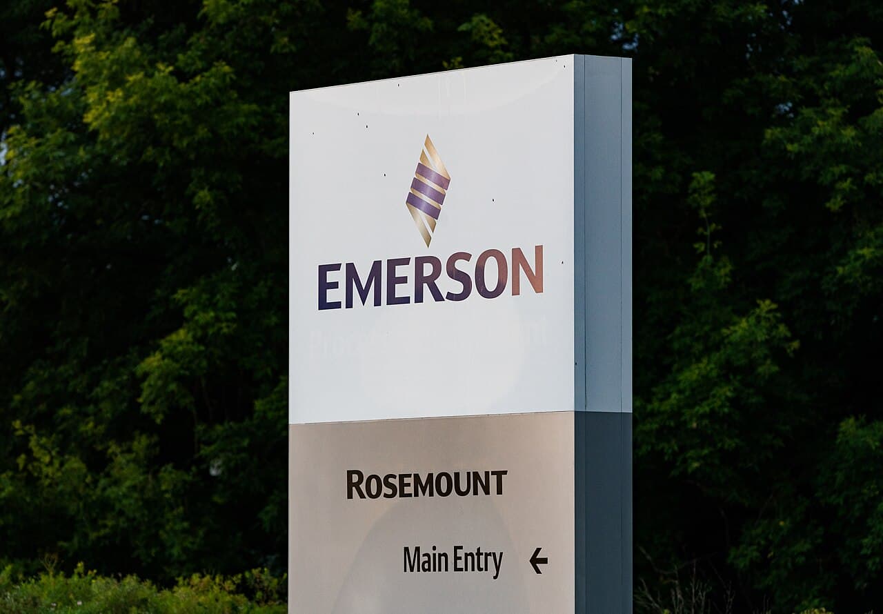 Emerson (Micro Motion / Rosemount) corporate signage — the manufacturer