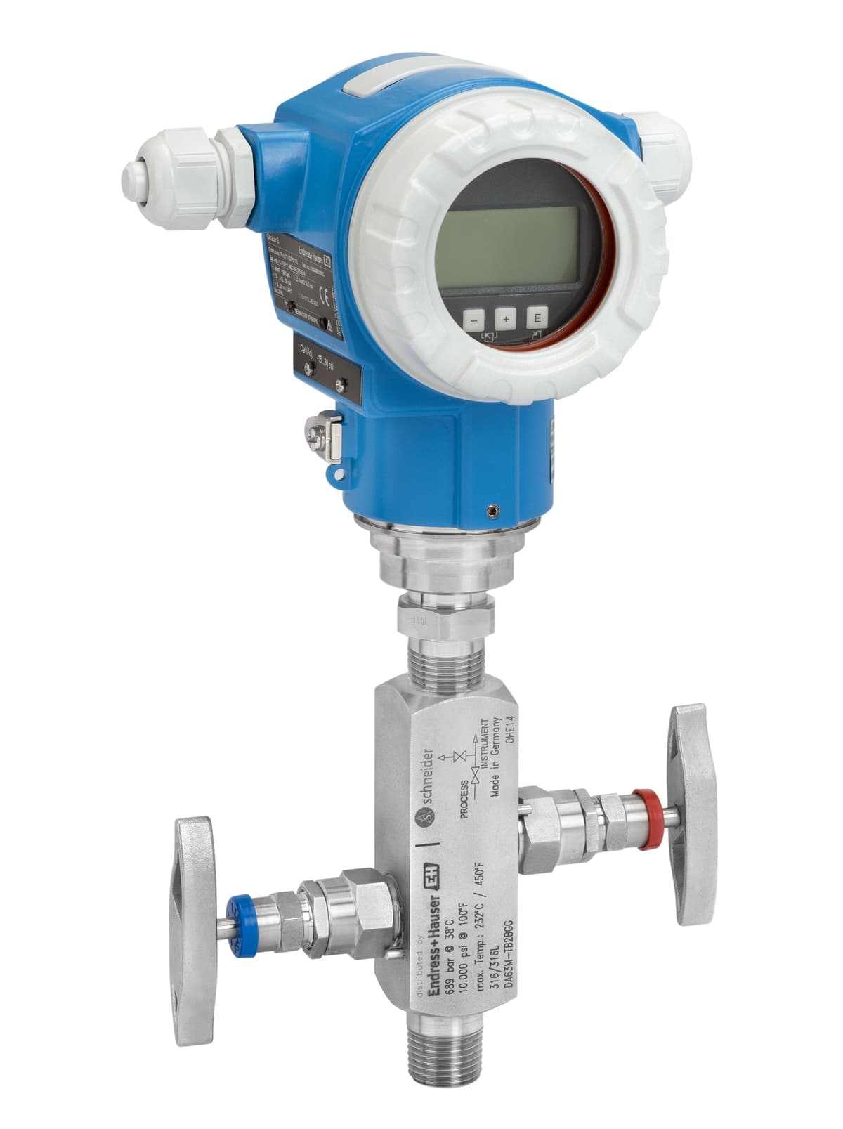 Cerabar S PMP71 direct-mounted on an instrument valve manifold block — official Endress+Hauser product photo