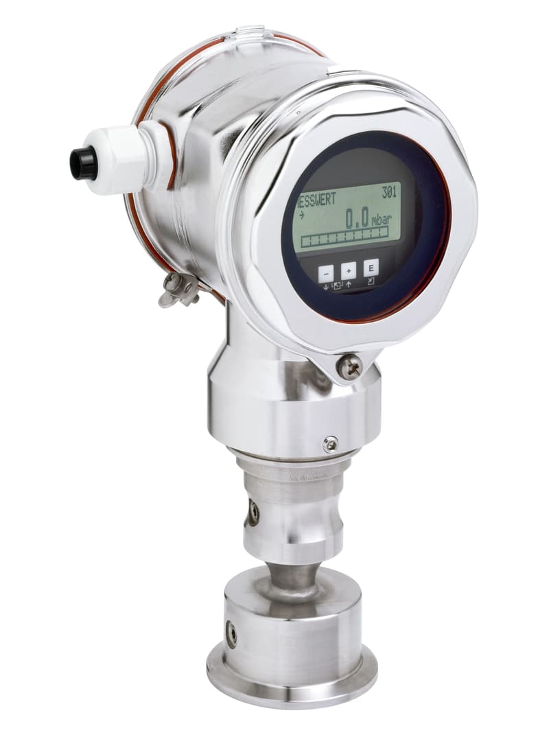 Manufacturer photo of the Cerabar S PMP75 hygienic build — stainless housing with a Tri-Clamp seal. Neither unit in stock is this build.