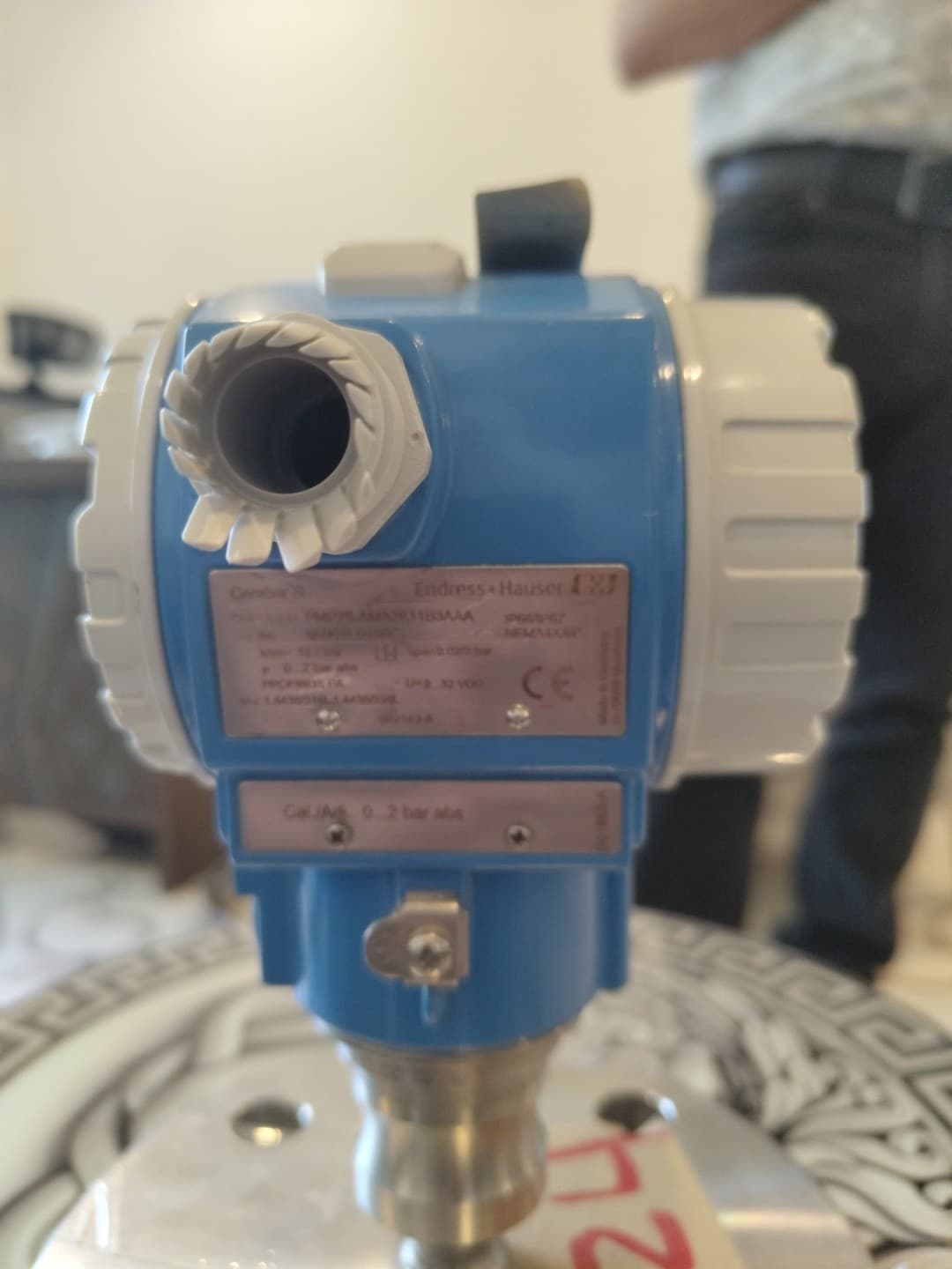 Cerabar S PMP75 nameplate close-up: PMP75-A4A2K11B3AAA, 0…2 bar abs, PROFIBUS PA, 9…32 VDC, IP66/IP67