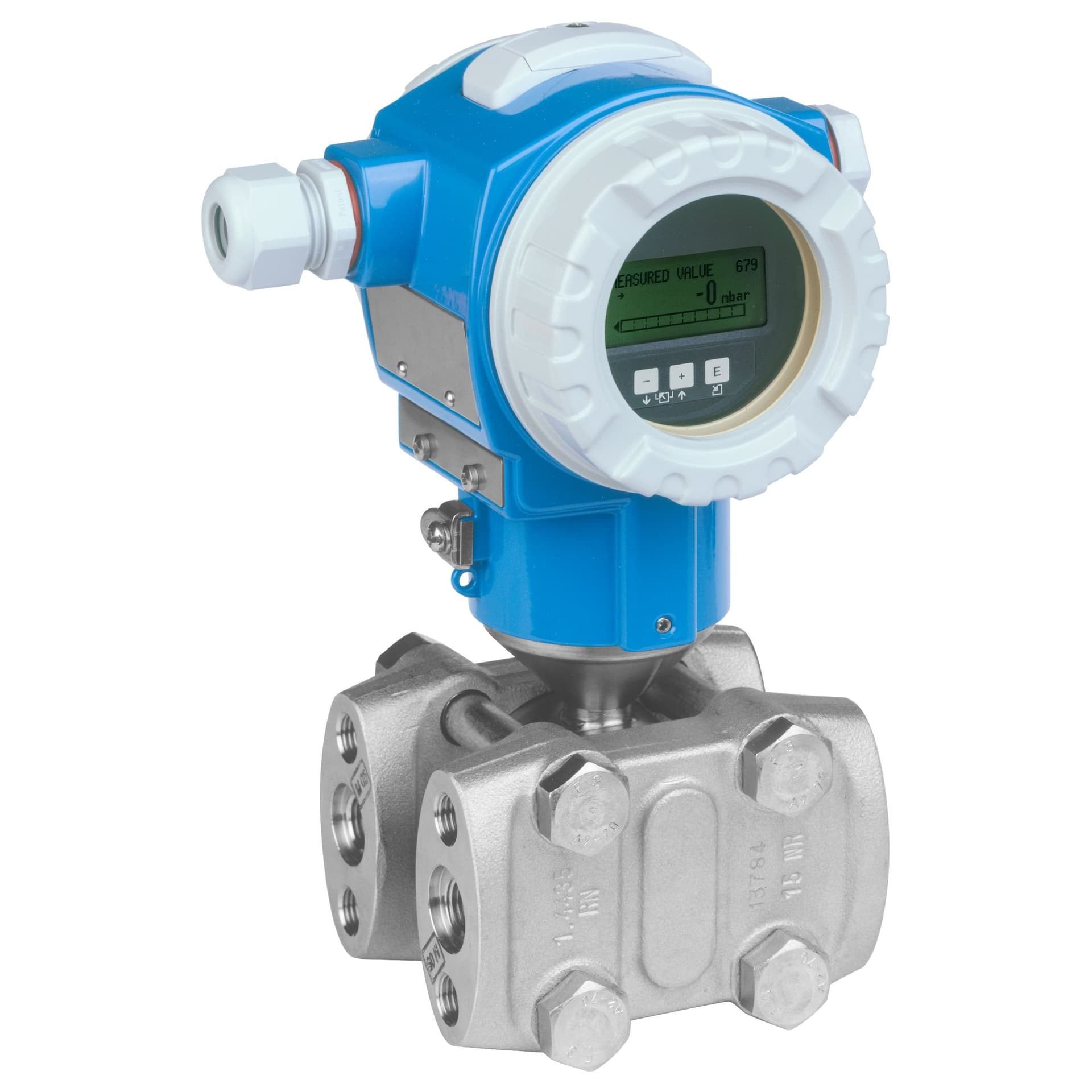 Deltabar S PMD75 with blue field housing and twin-chamber differential process body — official product photo