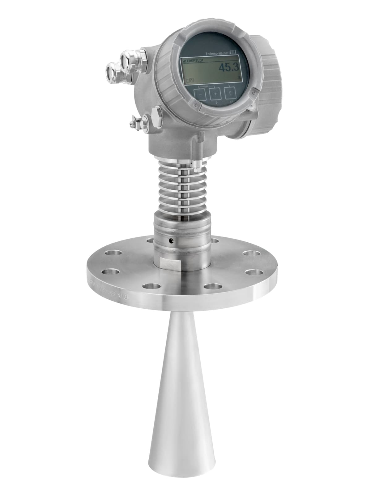 Micropilot FMR51 stainless-housing variant with horn antenna and display — official product photo