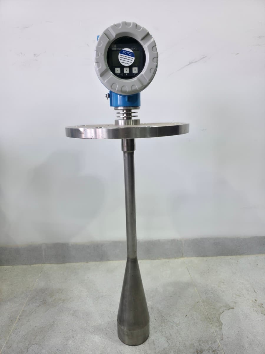 Endress+Hauser Micropilot M FMR240 with its horn antenna on the process flange — the FMR240 in Barmaan's warehouse, full view