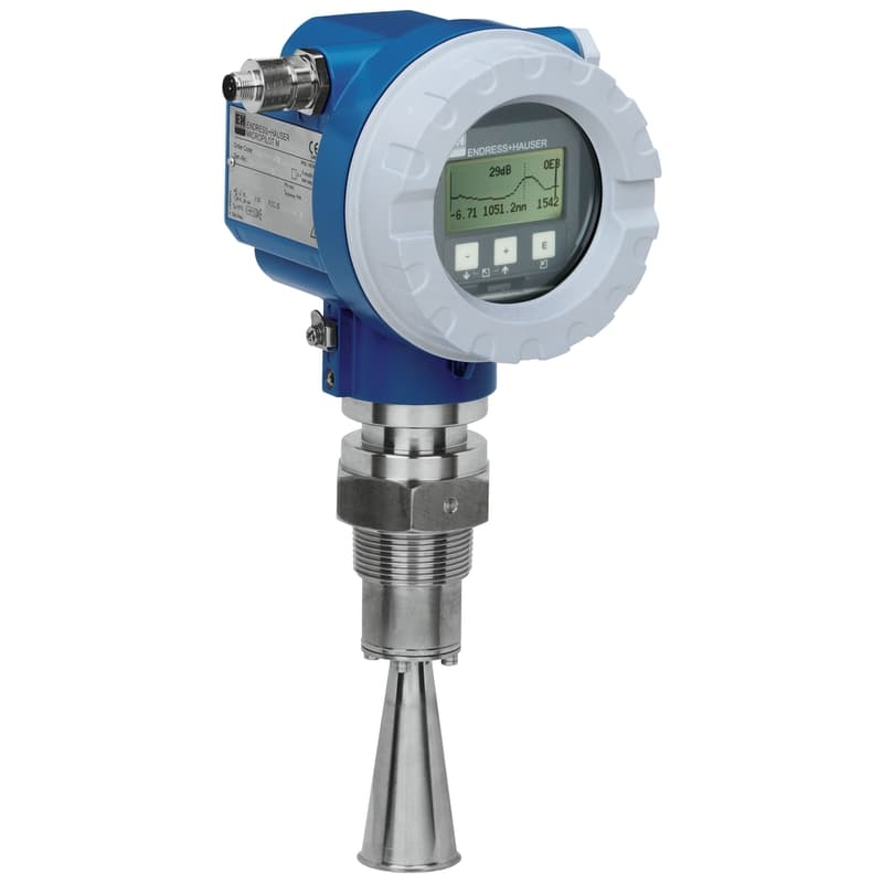 Manufacturer studio photograph of a Micropilot M radar level transmitter — blue aluminium housing, echo-curve display and horn antenna