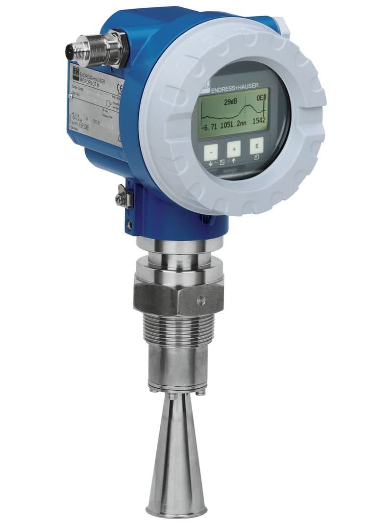 Manufacturer studio photograph of a Micropilot M radar level transmitter — side view showing the threaded process connection and conical horn