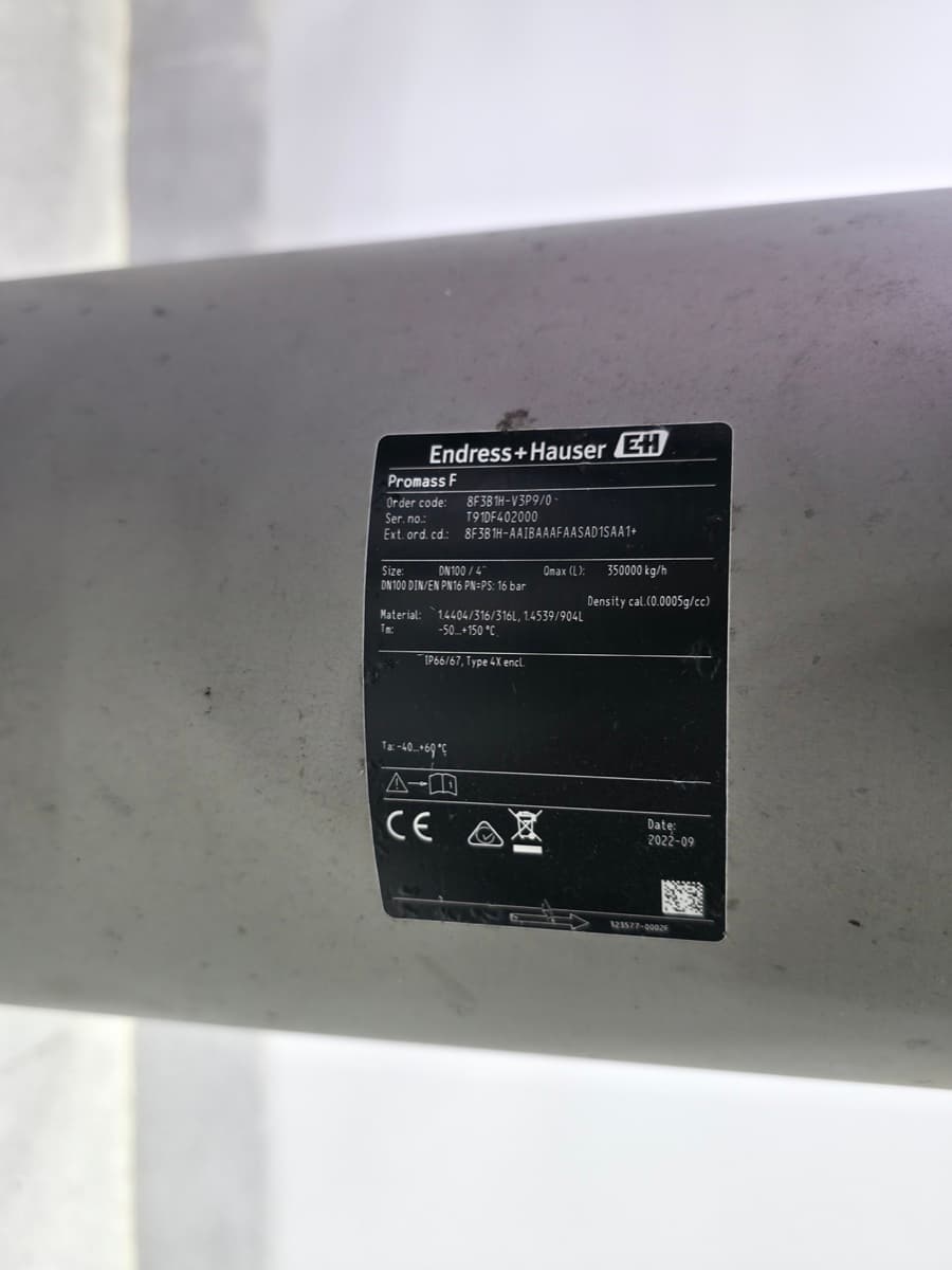 Promass F sensor nameplate: order code 8F3B1H-V3P9/0, DN100 DIN/EN PN16, 2022-09