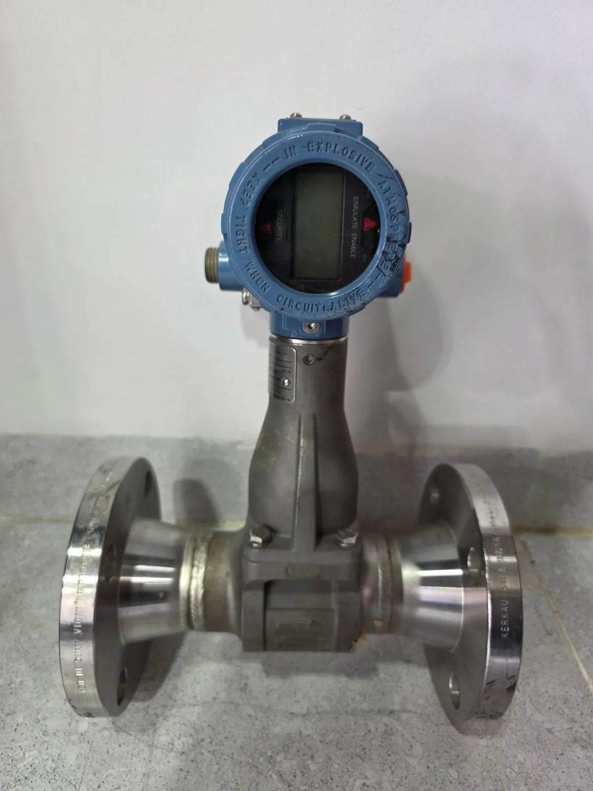 Rosemount 8800D vortex flowmeter, warehouse unit F121 — dual-sensor body with 2 in ASME Class 150 flanges, four bolts each, forged by KERKAU in India