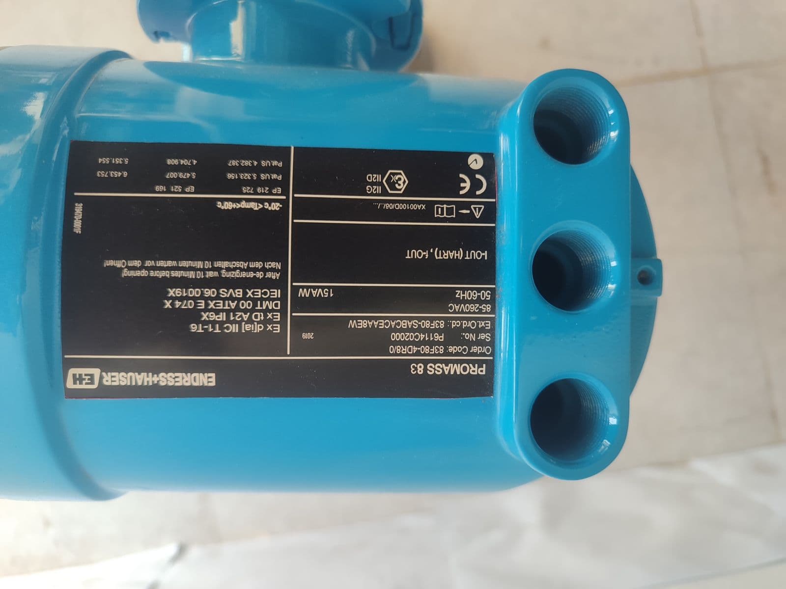 Endress+Hauser Promass 83F Coriolis Flowmeter — DN80 (3") — nameplate of unit 8 in Barmaan's warehouse