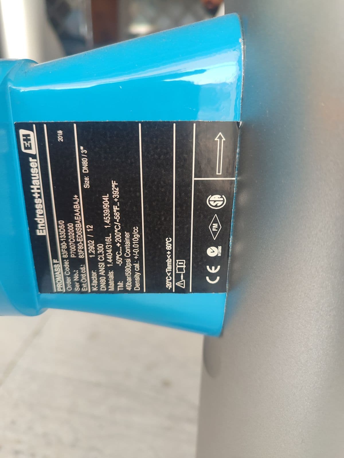 Endress+Hauser Promass 83F Coriolis Flowmeter — DN80 (3") — nameplate of unit 6 in Barmaan's warehouse