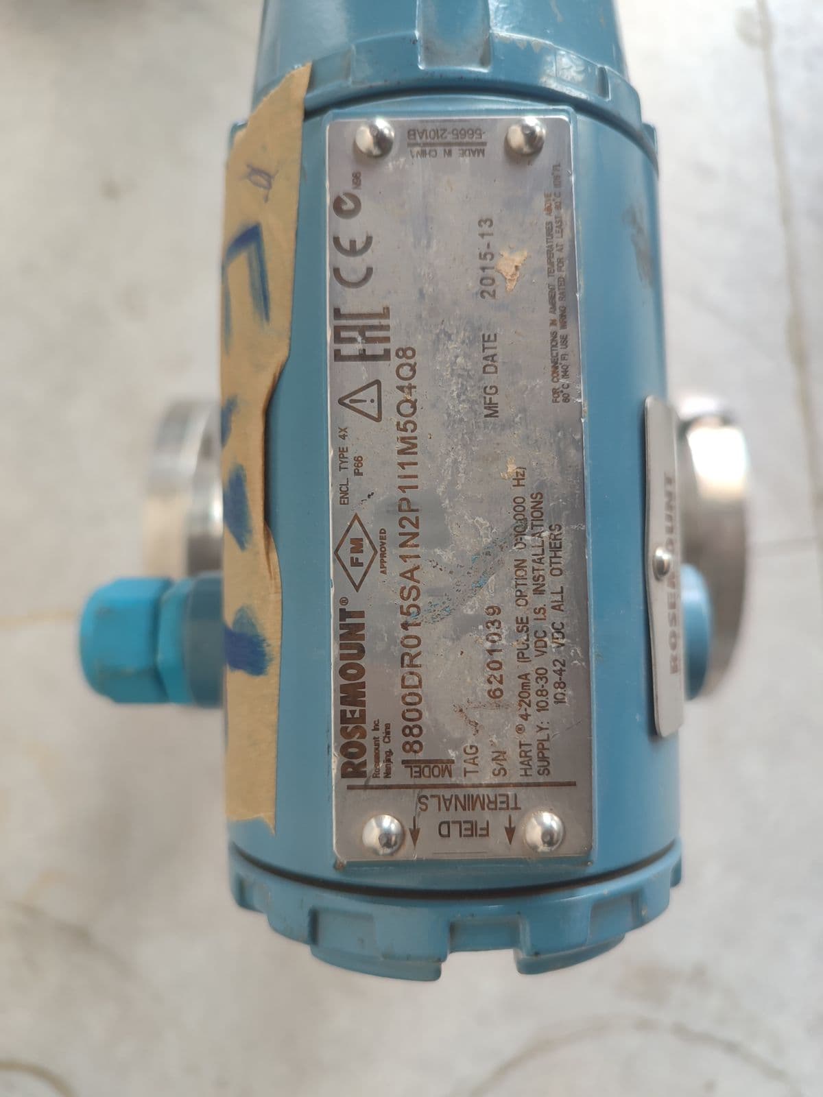 Rosemount 8800D Vortex Flowmeter — nameplate of unit 2 in Barmaan's warehouse