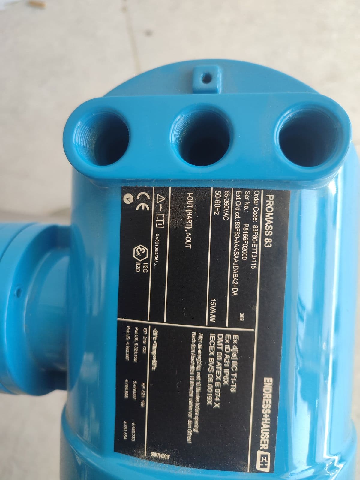 Endress+Hauser Promass 83F Coriolis Flowmeter — DN80 (3") — nameplate of unit 1 in Barmaan's warehouse