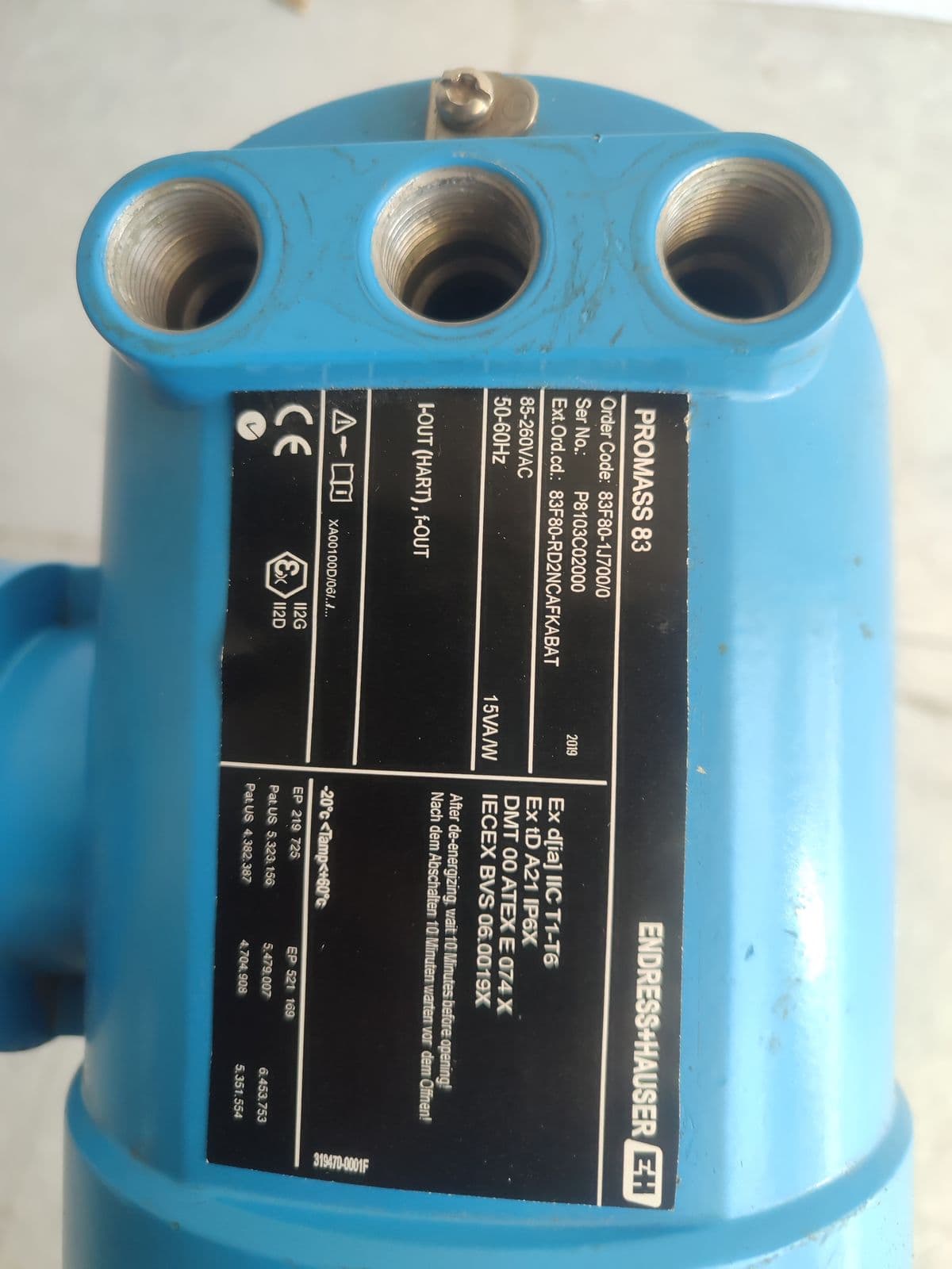 Endress+Hauser Promass 83F Coriolis Flowmeter — DN80 (3") — nameplate of unit 2 in Barmaan's warehouse
