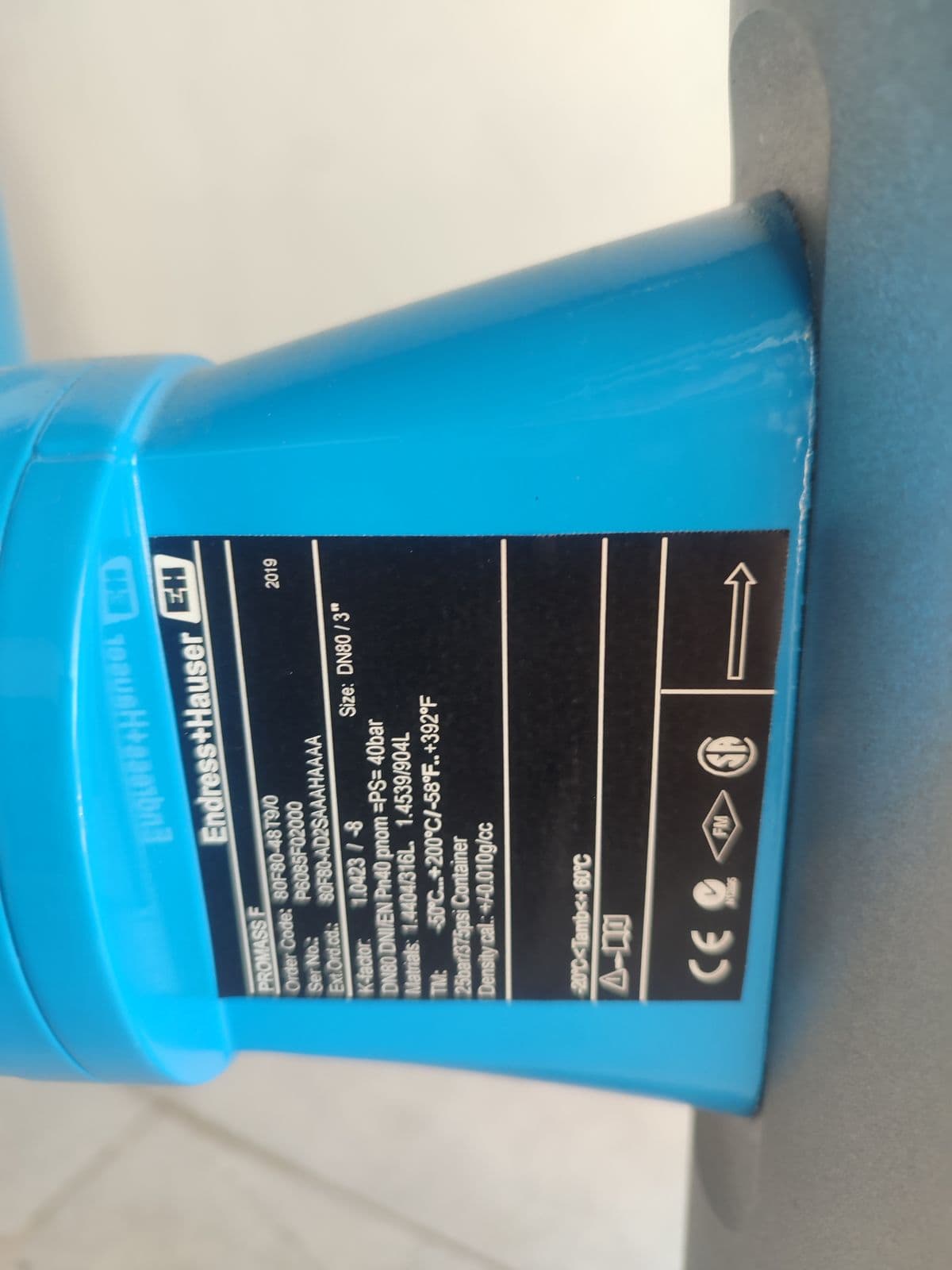 Endress+Hauser Promass 80F Coriolis Mass Flowmeter — DN80 (3") — nameplate of unit 6 in Barmaan's warehouse