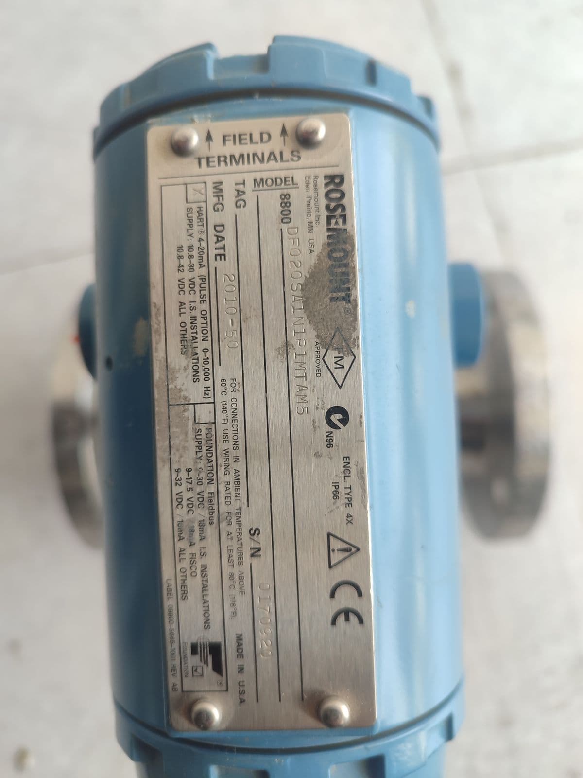 Rosemount 8800D Vortex Flowmeter — nameplate of unit 7 in Barmaan's warehouse