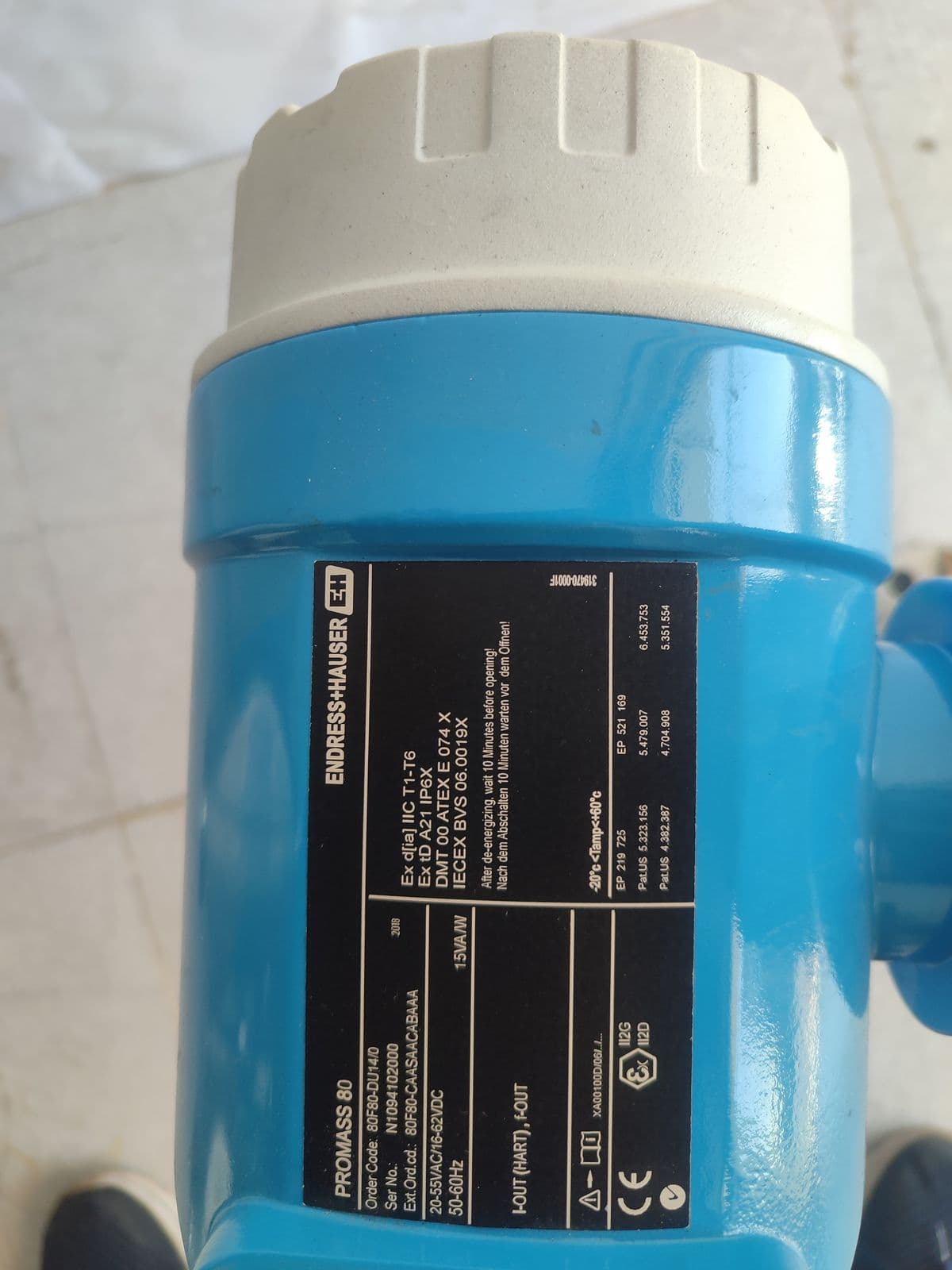Endress+Hauser Promass 80F Coriolis Mass Flowmeter — DN80 (3") — nameplate of unit 5 in Barmaan's warehouse