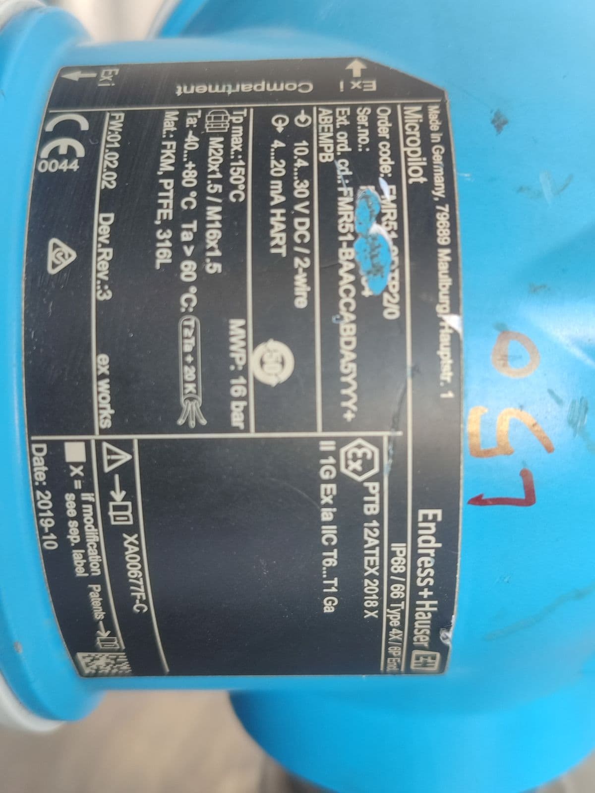 Endress+Hauser Micropilot FMR51 radar level transmitter — nameplate, photographed in Barmaan's warehouse