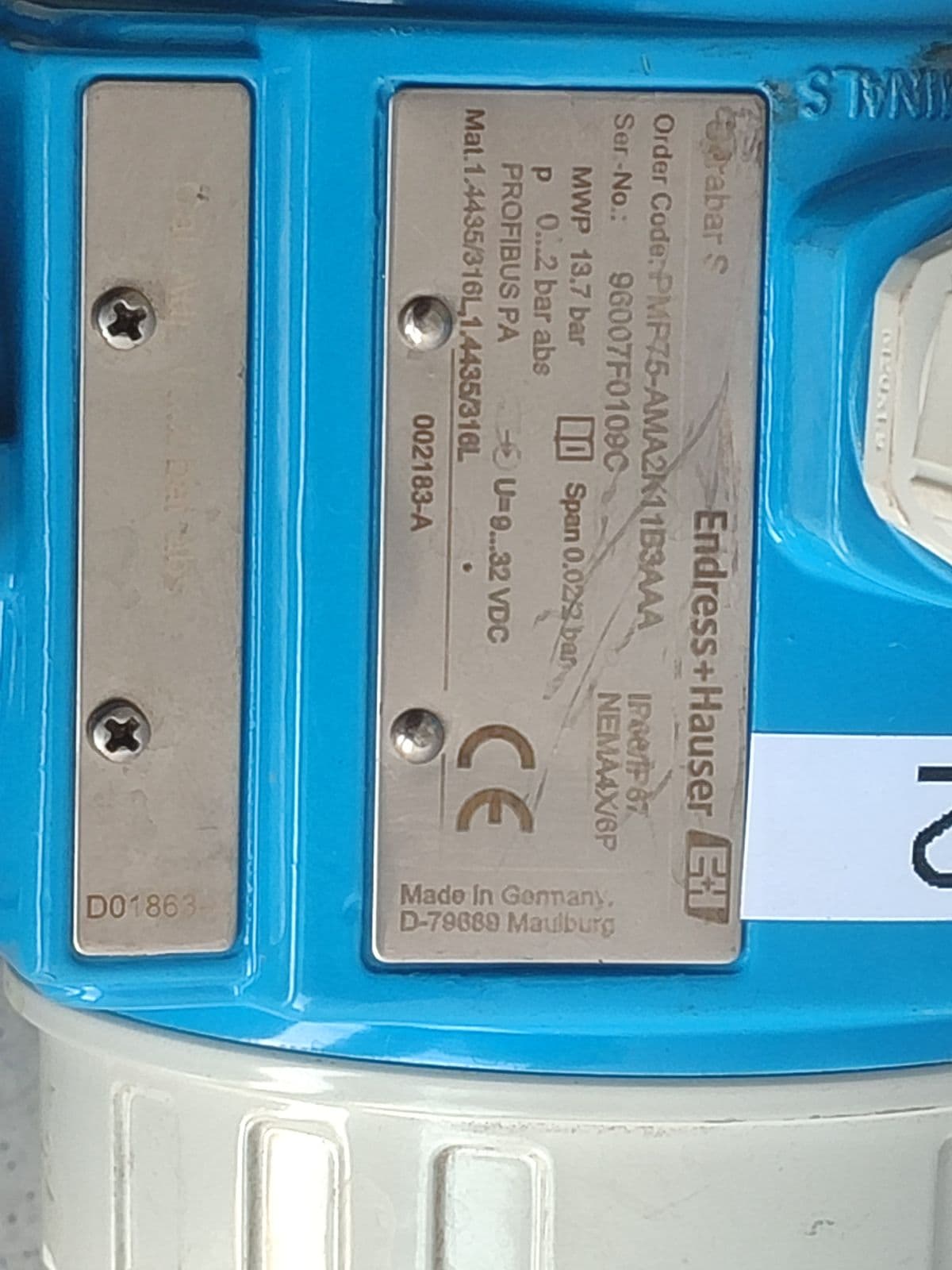 Endress+Hauser Cerabar S PMP75 (PROFIBUS PA, 0…2 bar abs) — nameplate — Cerabar S, order code PMP75-AMA2K11B3AAA, 0…2 bar abs, PROFIBUS PA, made in Maulburg, in Barmaan's warehouse