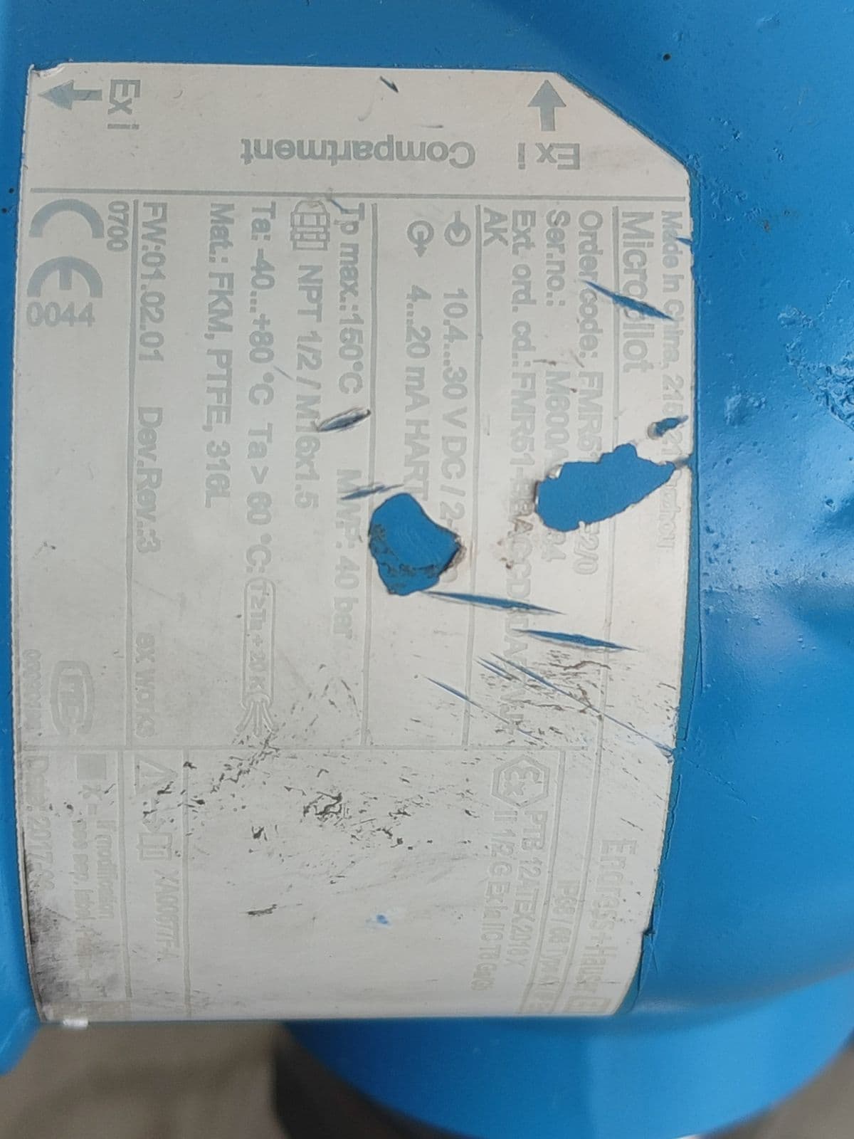 Endress+Hauser Micropilot FMR51 radar level transmitter — nameplate, photographed in Barmaan's warehouse