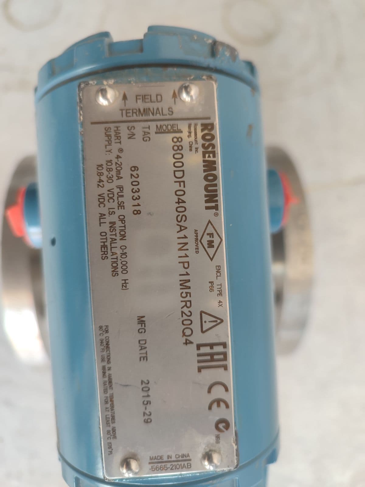 Rosemount 8800D Vortex Flowmeter — nameplate of unit 6 in Barmaan's warehouse