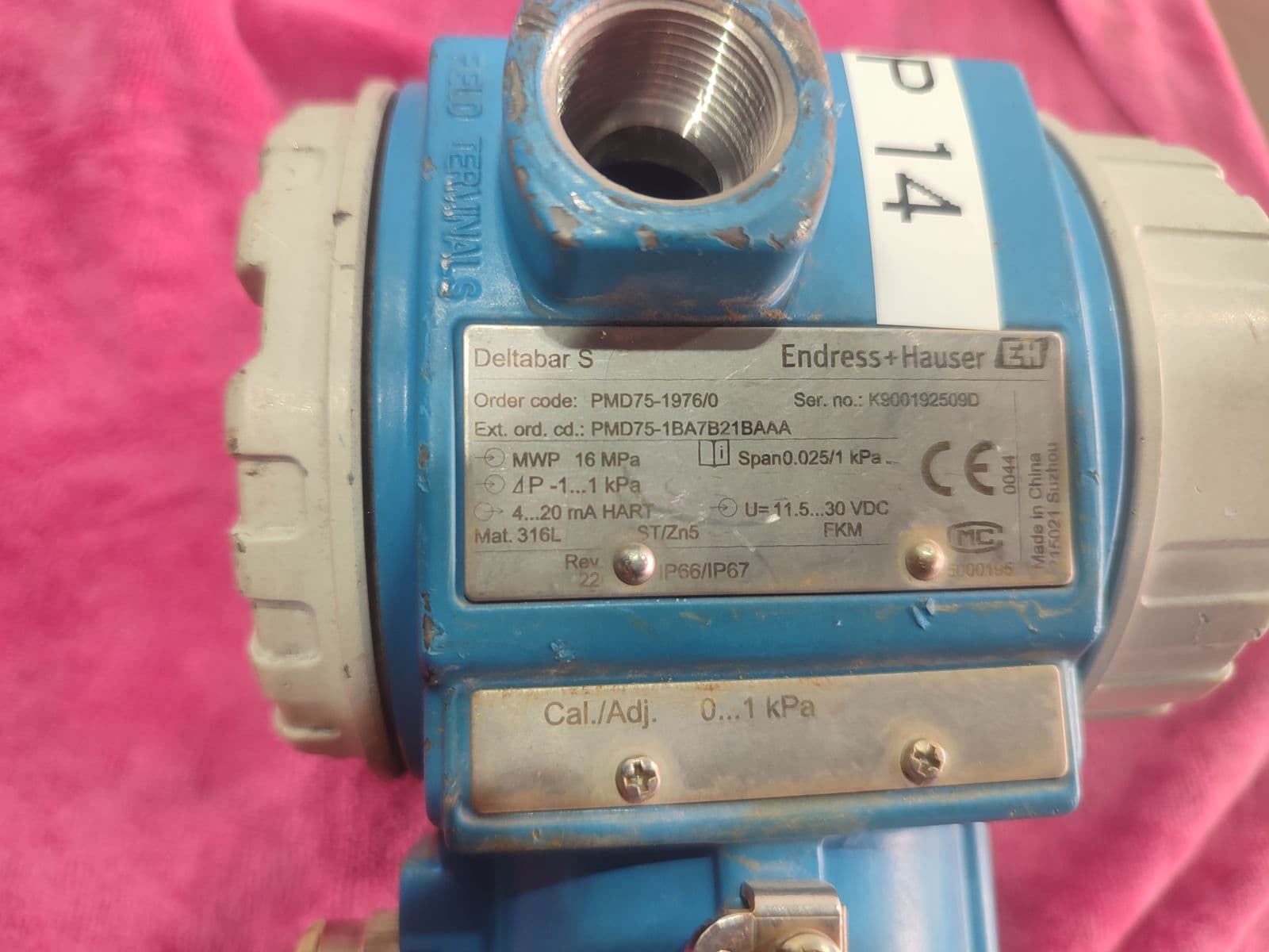 Endress+Hauser Deltabar S PMD75 Differential Pressure Transmitter — 4…20 mA HART — nameplate of unit 11 in Barmaan's warehouse