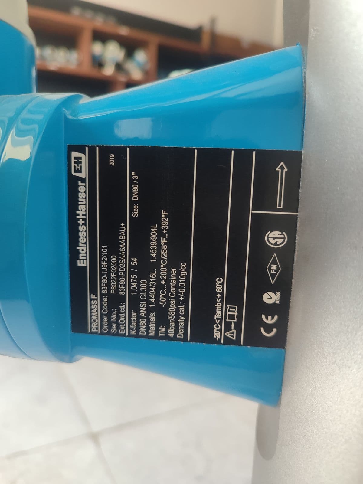 Endress+Hauser Promass 83F Coriolis Flowmeter — DN80 (3") — nameplate of unit 5 in Barmaan's warehouse