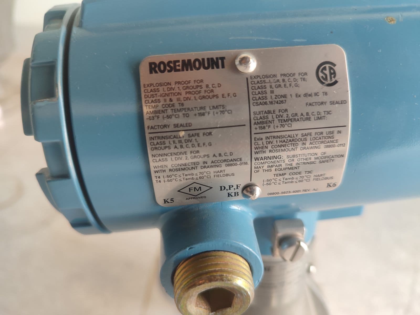 Rosemount 8800D Vortex Flowmeter — FM/CSA hazardous-area approval plate on unit 3 in Barmaan's warehouse