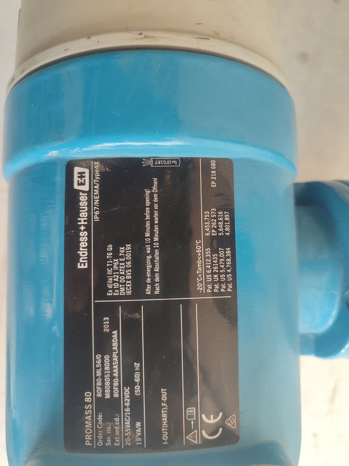 Endress+Hauser Promass 80F Coriolis Mass Flowmeter — DN80 (3") — nameplate of unit 2 in Barmaan's warehouse