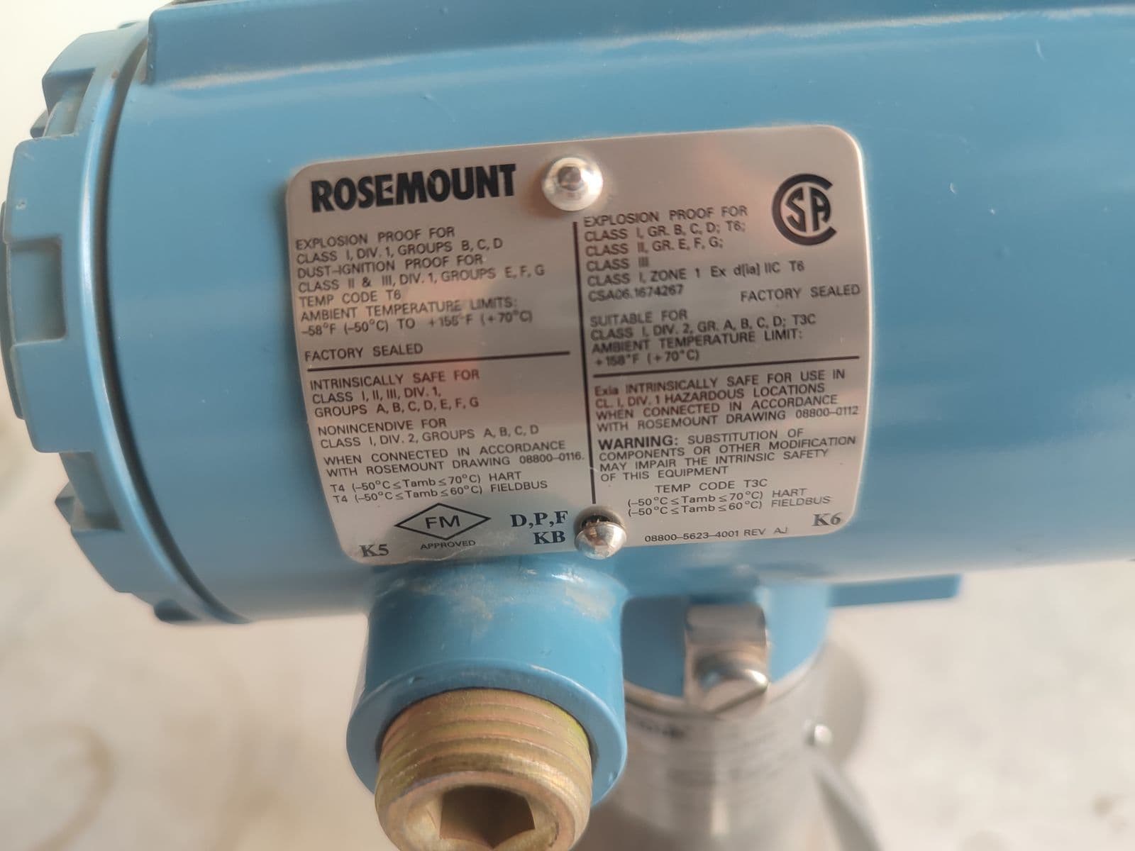 Rosemount 8800D Vortex Flowmeter — FM/CSA hazardous-area approval plate on unit 1 in Barmaan's warehouse