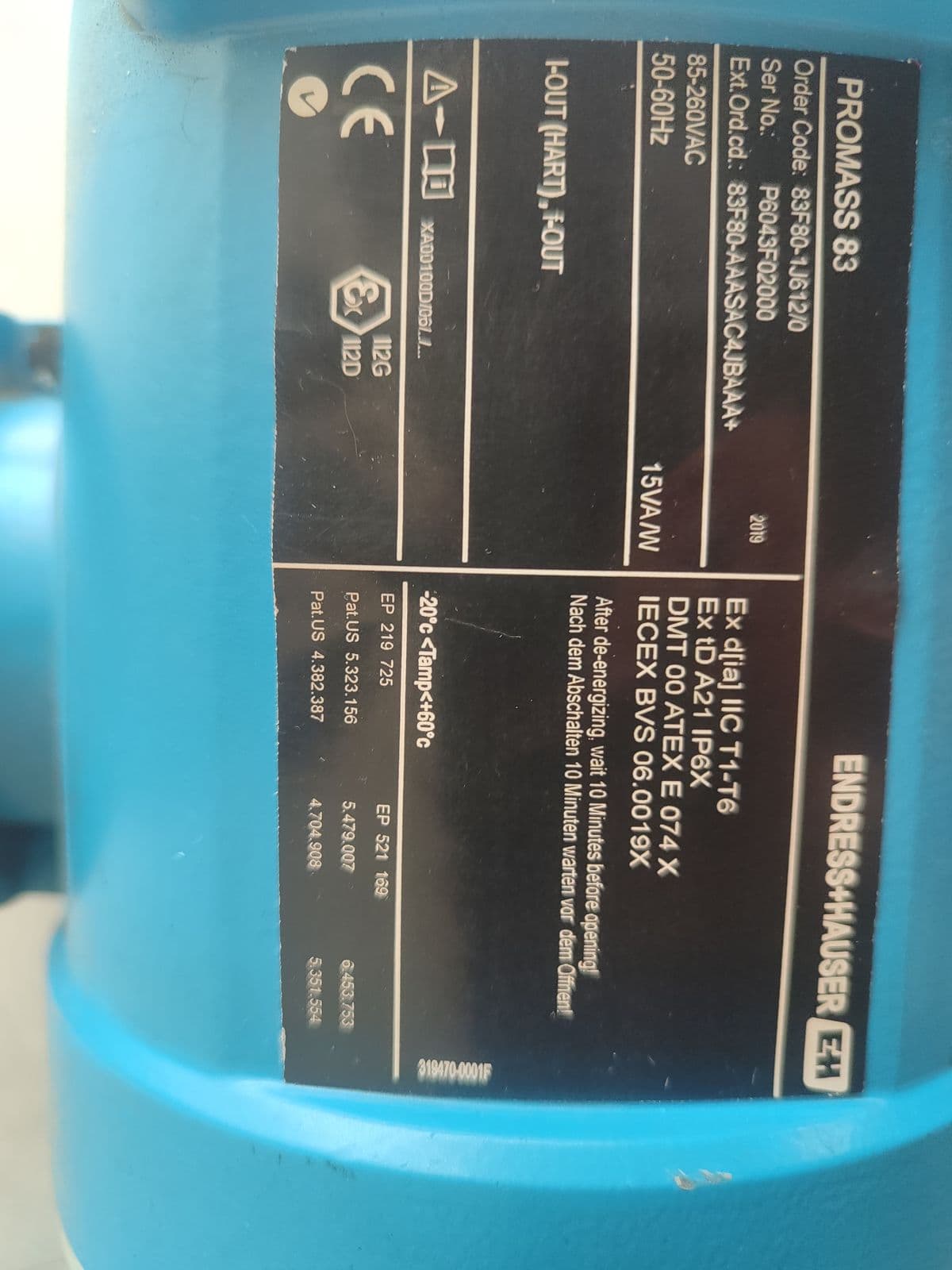 Endress+Hauser Promass 83F Coriolis Flowmeter — DN80 (3") — nameplate of unit 3 in Barmaan's warehouse