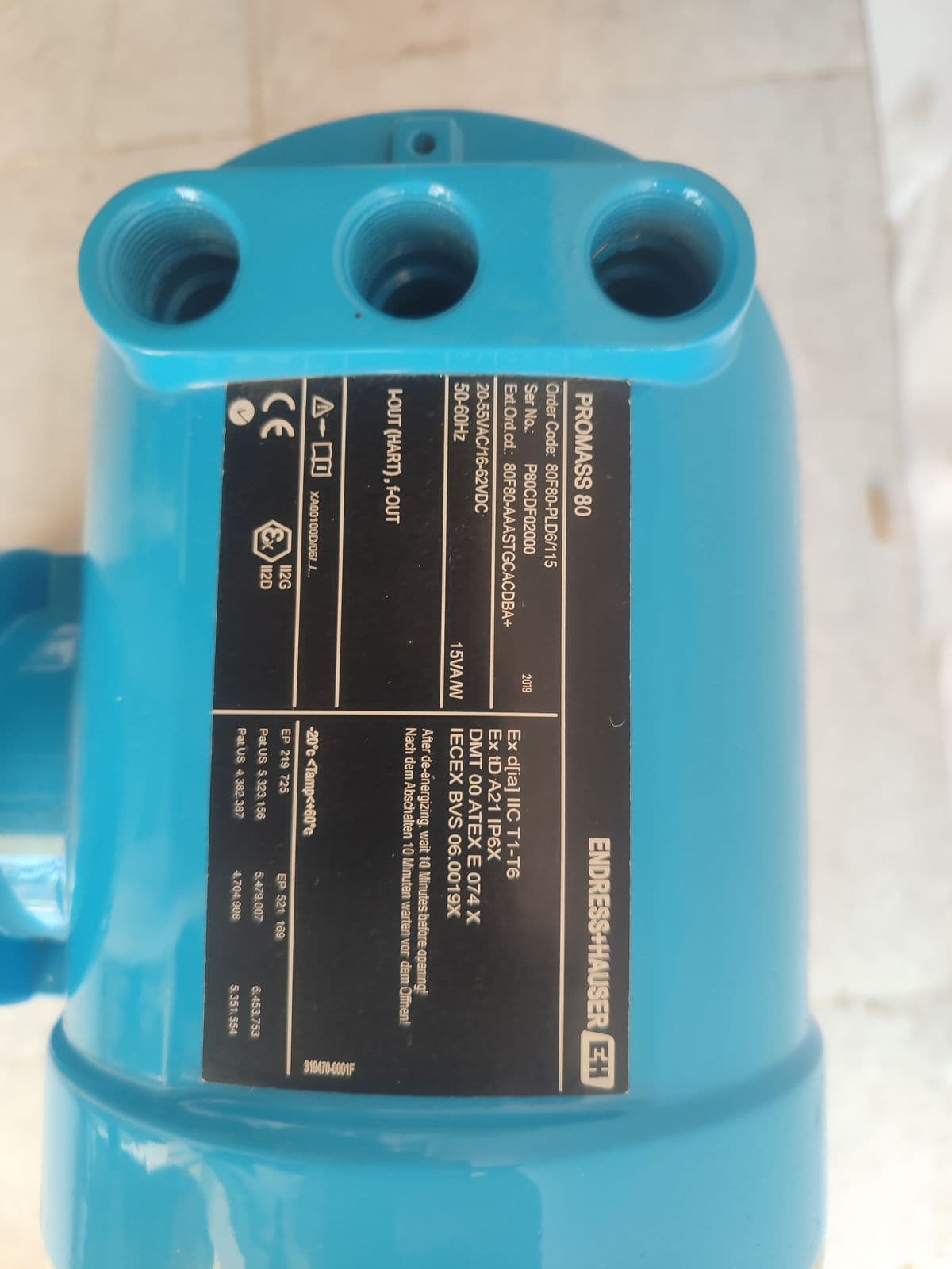 Endress+Hauser Promass 80F Coriolis Mass Flowmeter — DN80 (3") — nameplate of unit 4 in Barmaan's warehouse