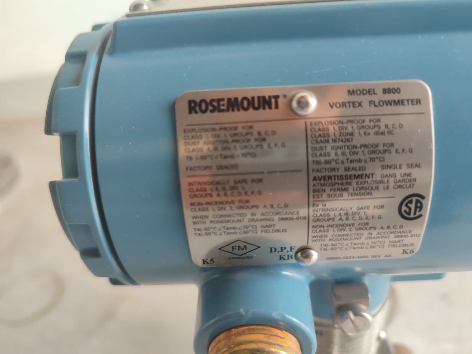 Rosemount 8800D Vortex Flowmeter — FM/CSA hazardous-area approval plate on unit 8 in Barmaan's warehouse