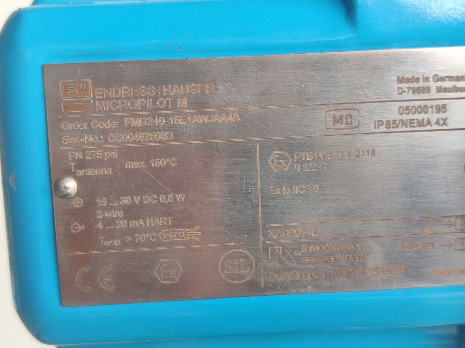 Endress+Hauser Micropilot M FMR240 radar level transmitter — nameplate, photographed in Barmaan's warehouse