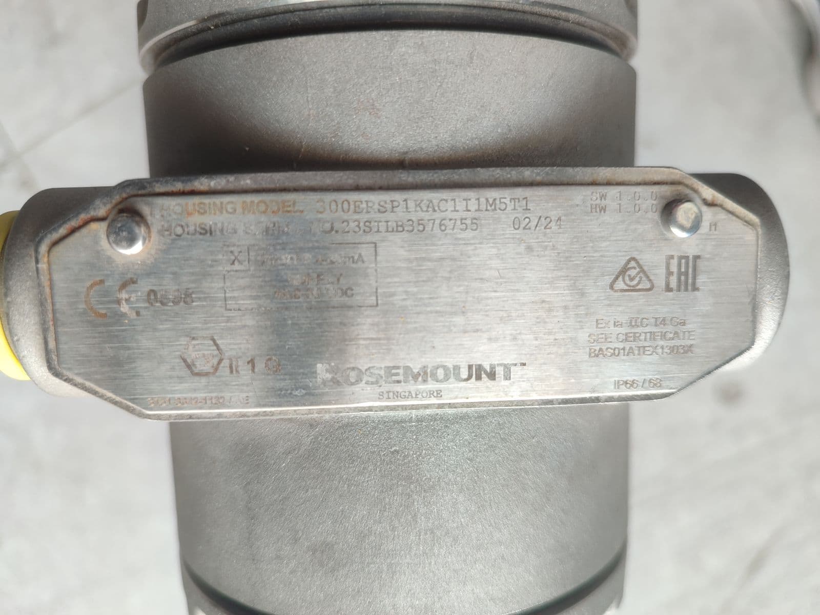 Rosemount (Emerson) radar level transmitter — nameplate, photographed in Barmaan's warehouse
