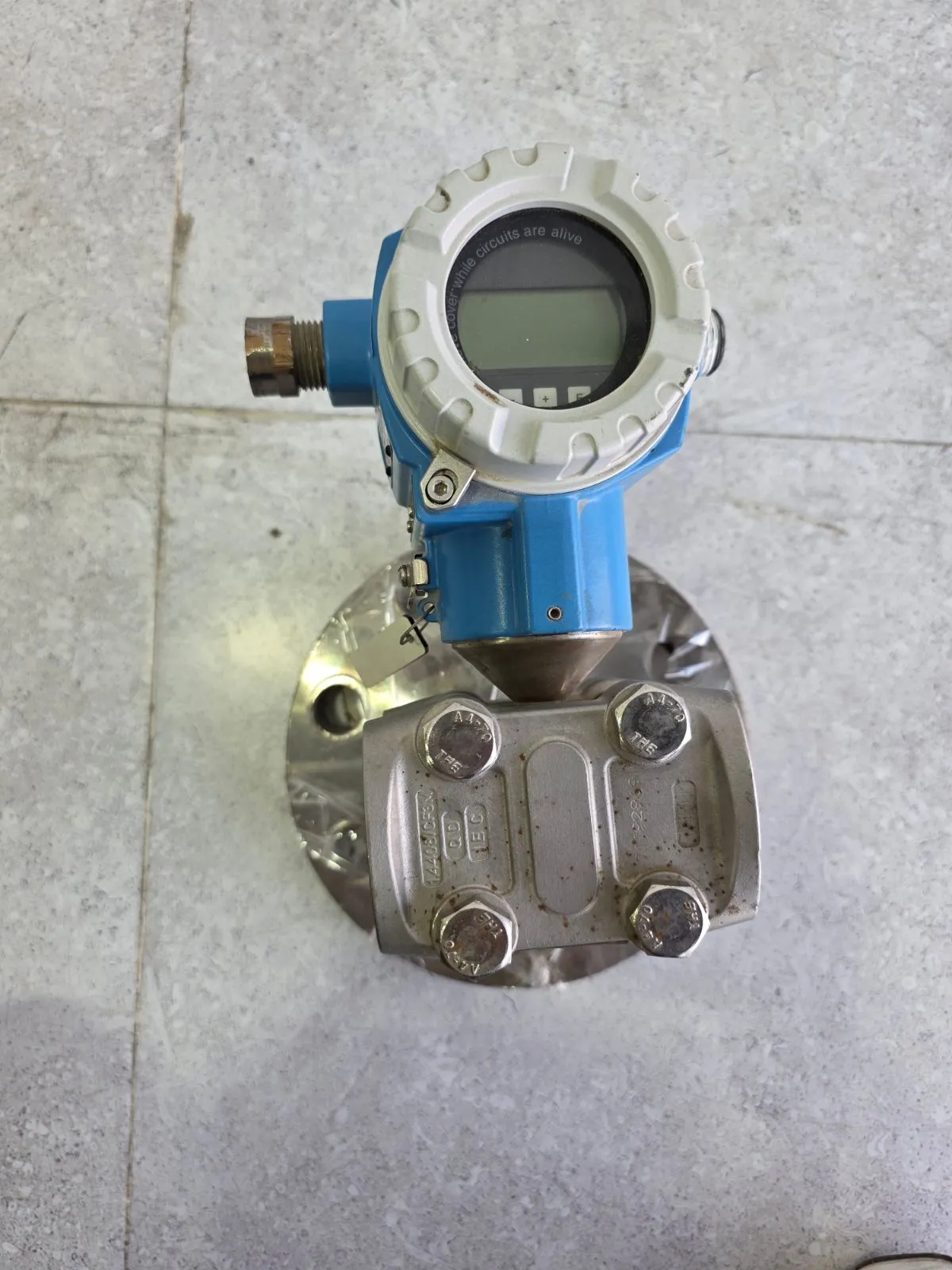 Full view of the Endress+Hauser Deltabar S FMD77 differential pressure transmitter with flange and manifold